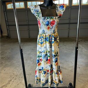 White Blue Floral Square Neck Tiered Sundress